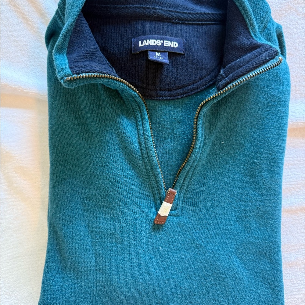 Lands' End Blue Zip Up Sweater with Navy Collar